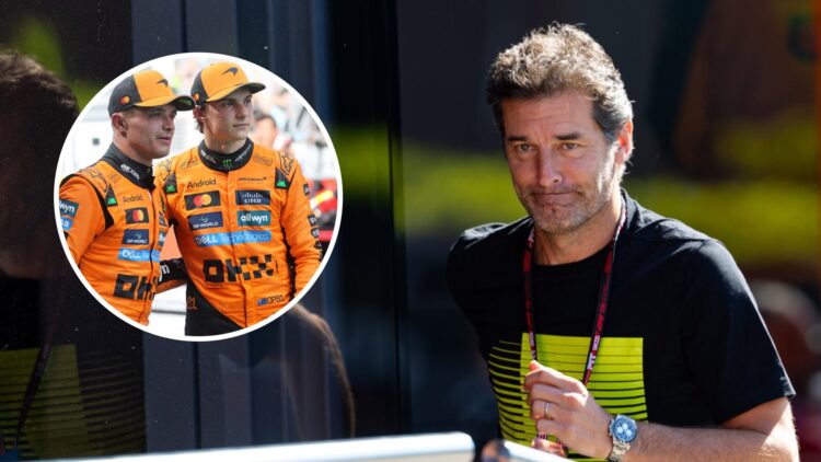 Mark Webber arrives in the 2025 F1 Austrian Grand Prix paddock with an inset of McLaren drivers Lando Norris and Oscar Piastri after the Spanish GP