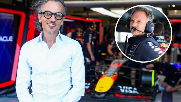 New Red Bull F1 CEO and team principal Laurent Mekies during a filming day at Silverstone with an inset of Christian Horner on the pit wall during ...