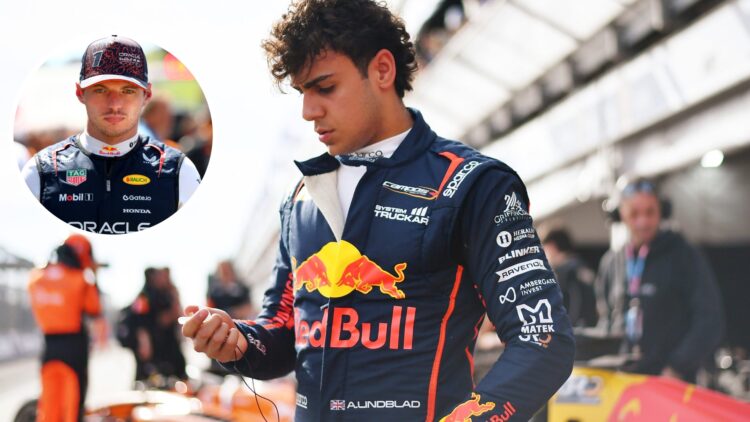 Arvid Lindblad of the Red Bull academy prepares for an F2 race; inset of Max Verstappen