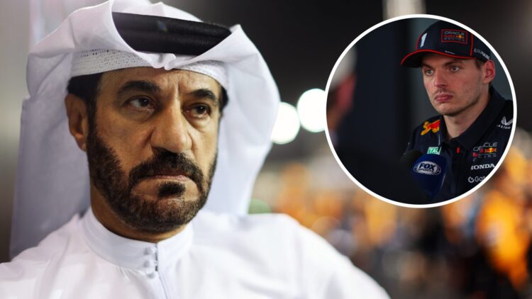 FIA president Mohammed Ben Sulayem at the 2025 Formula 1 Bahrain Grand Prix and Red Bull driver Max Verstappen speaks to the media after the 2025 F...