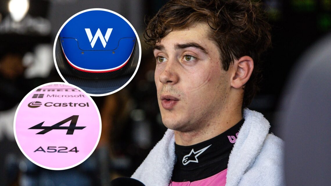 Alpine driver Franco Colapinto speaking to the media at the 2025 Austrian Grand Prix, insets Alpine and Williams logos