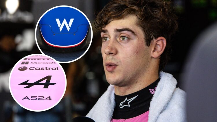 Alpine driver Franco Colapinto speaking to the media at the 2025 Austrian Grand Prix, insets Alpine and Williams logos