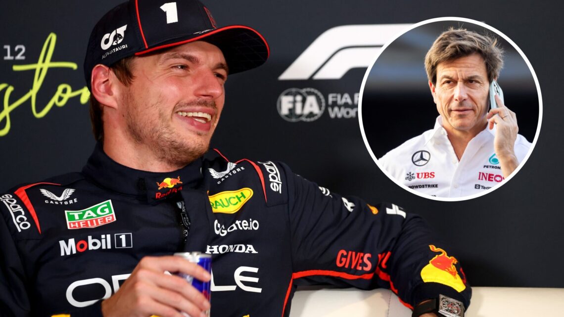 Max Verstappen of Red Bull laughs in a press conference; inset shows Toto Wolff of Mercedes on the phone