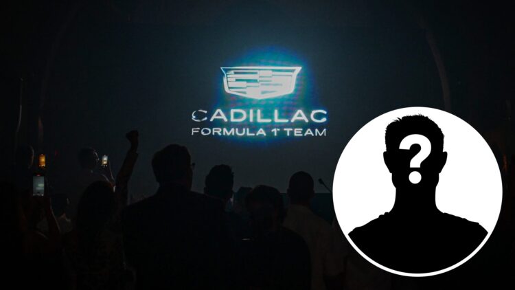 The Cadillac launch event for 2026 at the 2025 Miami Grand Prix, inset Mystery driver