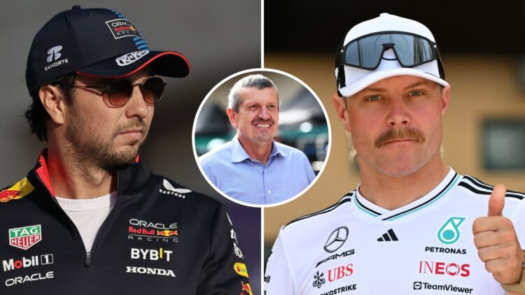 Sergio Perez in the 2024 F1 Qatar GP paddock and Mercedes reserve driver Valtteri Bottas in the 2025 Bahrain Grand Prix paddock with an inset of Gu...