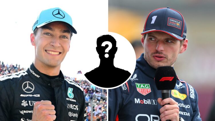 Mercedes driver George Russell celebrates pole position for the 2025 F1 Canadian Grand Prix and Red Bull Racing driver Max Verstappen being intervi...