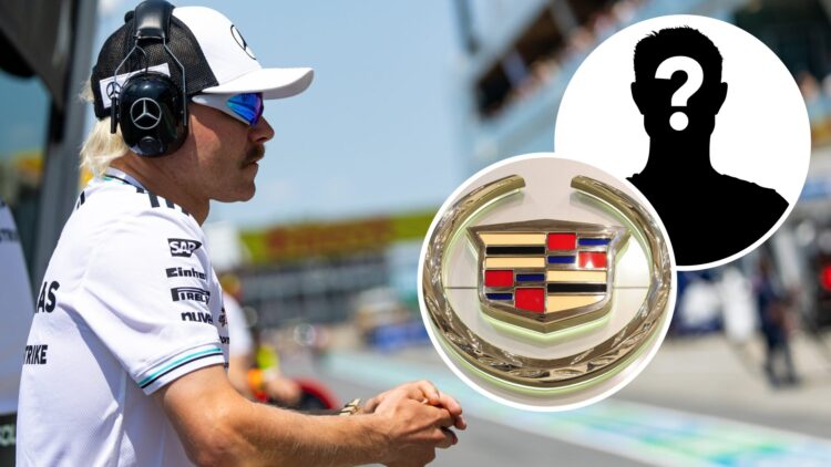 Mercedes reserve driver Valtteri Bottas on the pit wall at the 2025 F1 Canadian Grand Prix with insets of the Cadillac logo and a mystery person