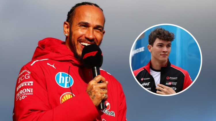 Lewis Hamilton of Ferrari smiles in the F1 fan zone; inset shows Oliver Bearman of Haas