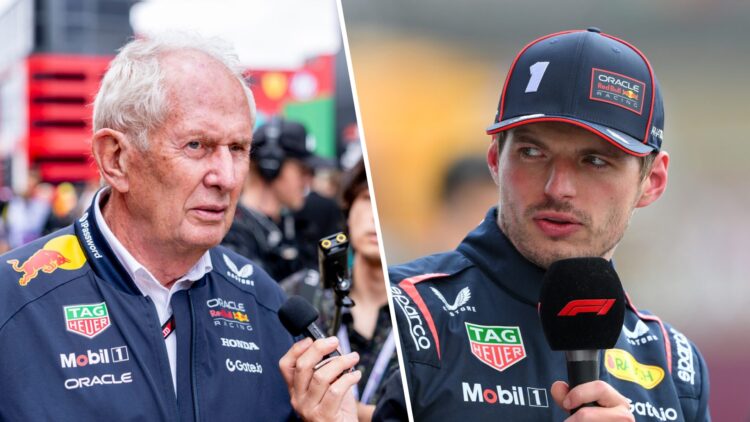 Red Bull motorsport adviser Helmut Marko in the 2025 F1 British Grand Prix paddock and Max Verstappen interviewed after scoring pole at Silverstone