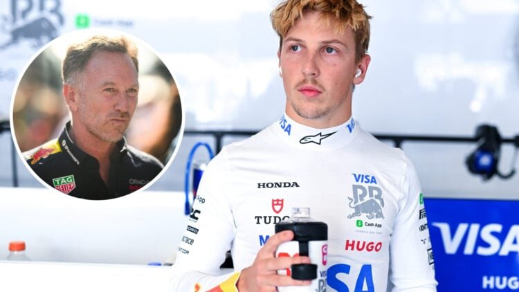 Liam Lawson of Racing Bulls stands in the garage; inset of former Red Bull boss Christian Horner