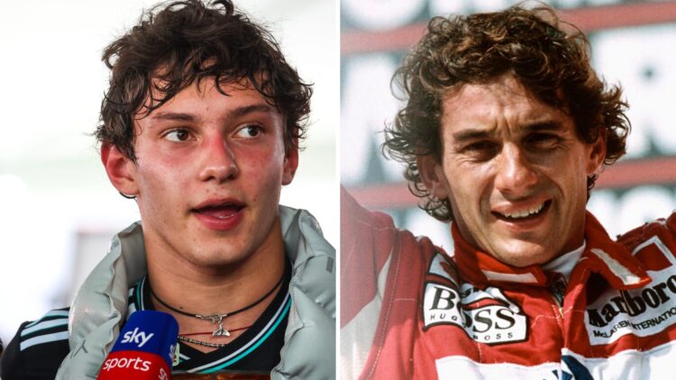 Mercedes driver Andrea Kimi Antonelli speaks to Sky Sports after the 2025 F1 Spanish Grand Prix and Ayrton Senna celebrates after the 1993 Brazilia...