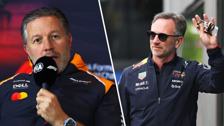 Split image of McLaren CEO Zak Brown (L) at the 2025 Chinese Grand Prix and Christian Horner (R)