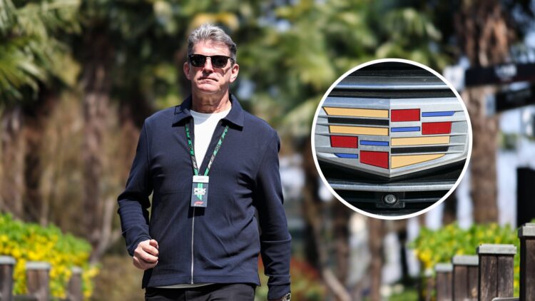 Cadillac team principal Graeme Lowdon at the Chinese Grand Prix, inset, Cadillac logo