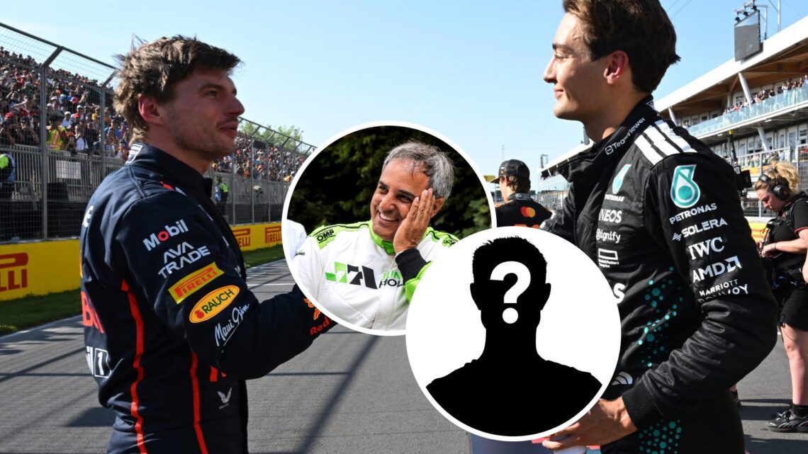 Red Bull Racing driver Max Verstappen and Mercedes driver George Russell at the Canadian Grand Prix, inset, Juan Pablo Montoya