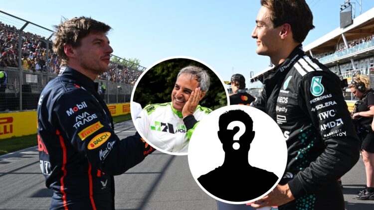 Red Bull Racing driver Max Verstappen and Mercedes driver George Russell at the Canadian Grand Prix, inset, Juan Pablo Montoya