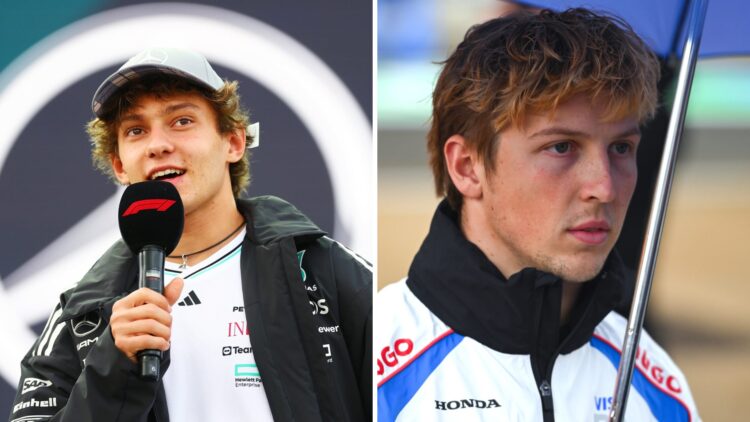Kimi Antonelli of Mercedes and Liam Lawson of Visa Cash App Racing Bulls at the 2025 British Grand Prix
