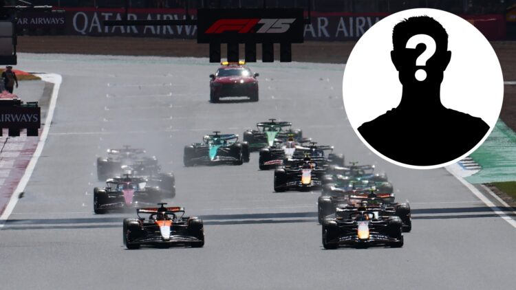 Max Verstappen leads the pack at the start of the 2025 British Grand Prix, inset Mystery