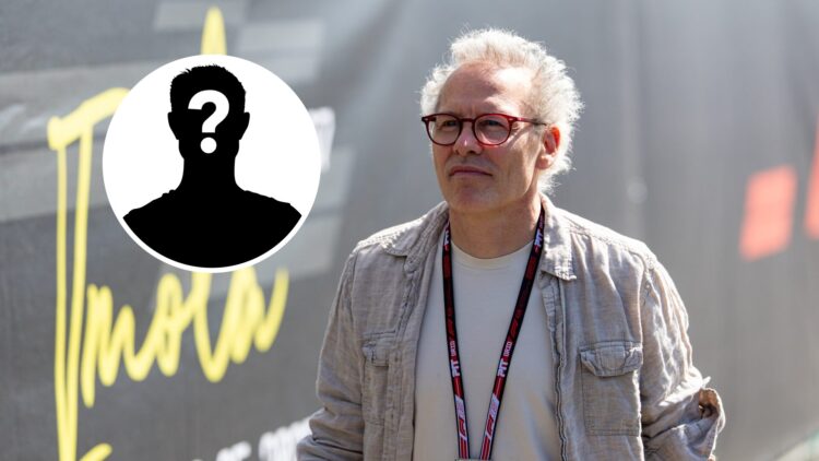 Jacques Villeneuve walking into the paddock in Imola with a mystery driver highlighted.
