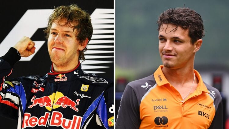 Lando Norris of McLaren during the 2025 F1 season and Sebastian Vettel of Red Bull Racing in 2010