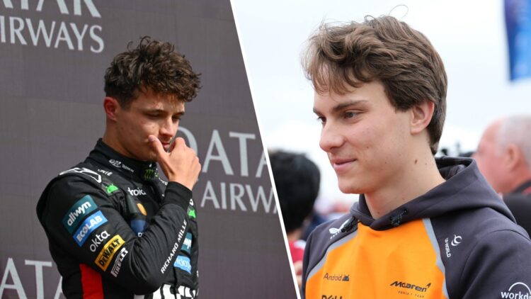 Split image of McLaren drivers Lando Norris (L) and Oscar Piastri (R) at the 2025 British Grand Prix
