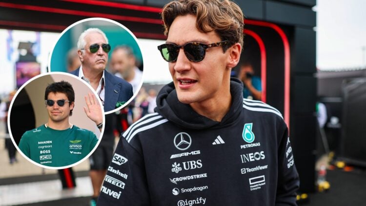 George Russell of Mercedes arrives in the F1 paddock; insets of Lawrence Stroll and Aston Martin driver Lance Stroll