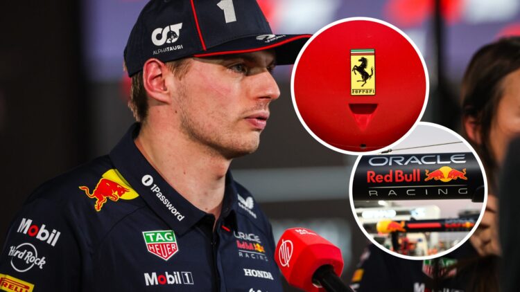 Max Verstappen being interviewed, inset, Ferrari logo and Red Bull Racing logo