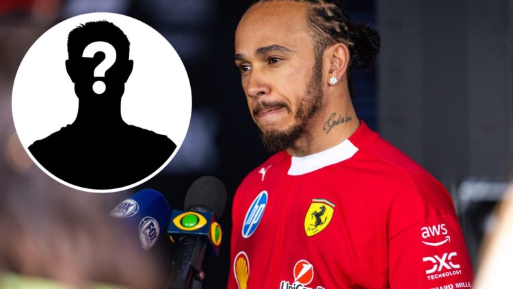 Lewis Hamilton of Ferrari speaks to the media at the 2025 British Grand Prix, inset Mystery