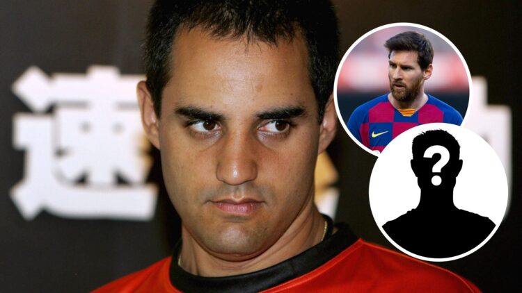 McLaren driver Juan Pablo Montoya at the 2005 Formula 1 Chinese Grand Prix, inset, Lionel Messi