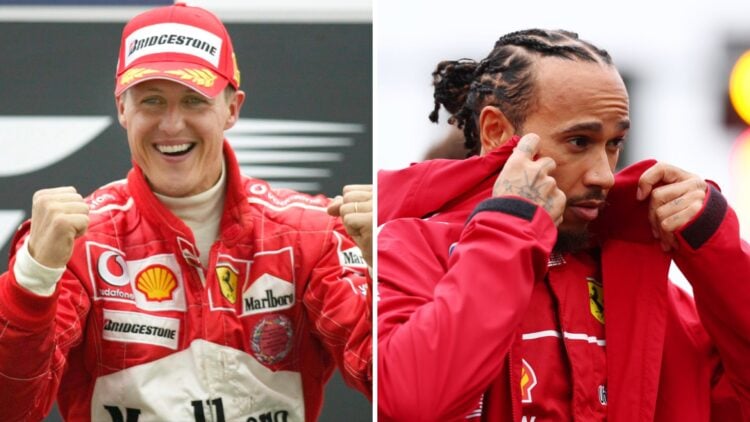 Michael Schumacher (left) celebrating on the Formula 1 podium, Lewis Hamilton (right) at the 2025 Formula 1 Australian Grand Prix
