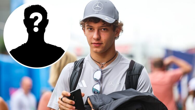 Mercedes driver Kimi Antonelli in the paddock at the 2025 British Grand Prix, inset Mystery