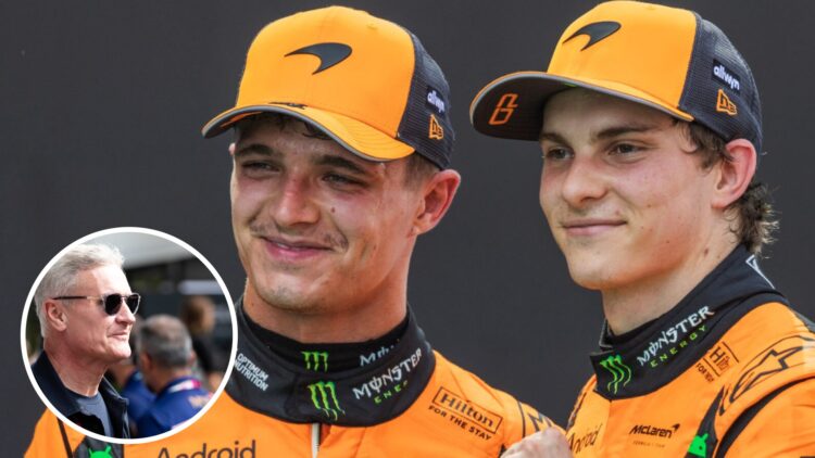 Lando Norris and Oscar Piastri of McLaren celebrate after the 2025 F1 Spanish Grand Prix with an inset of David Coulthard