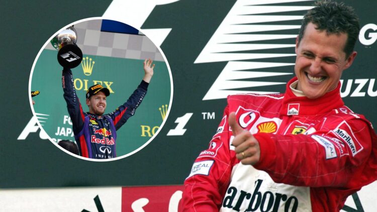 Ferrari driver Michael Schumacher celebrates winning the 2004 Japanese Grand Prix with an inset of Sebastian Vettel after winning at Suzuka for Red...