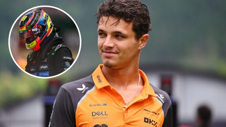 McLaren driver Lando Norris in the paddock at the 2025 Austrian Grand Prix, inset Oscar Piastri