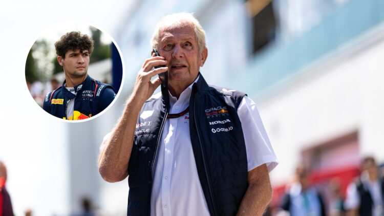 Helmut Marko talking on the phone in the F1 paddock with Zak Crawford in Red Bull gear within the overlay.