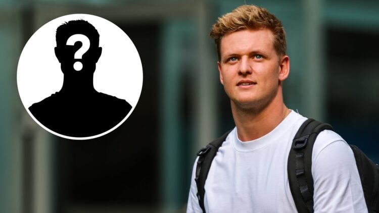 Mick Schumacher walks in the 2025 Formula 1 Miami Grand Prix paddock with a mystery person inset