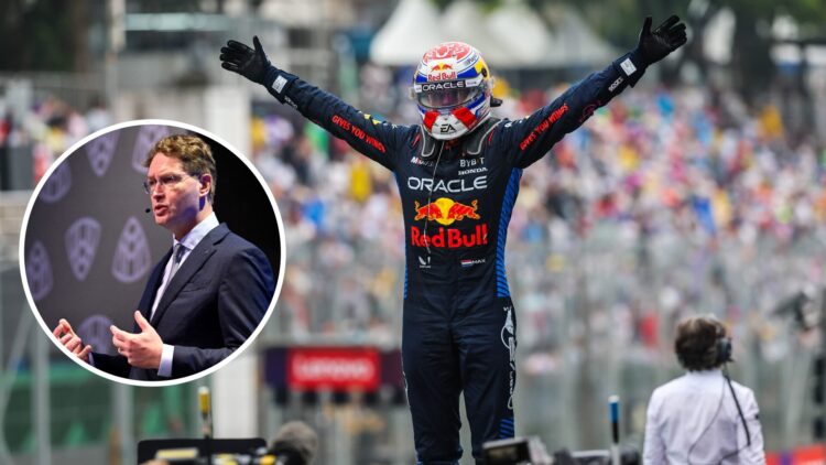Max Verstappen of Red Bull celebrates; inset of Mercedes board member Ola Kallenius