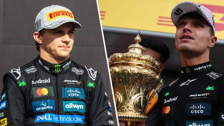 McLaren driver Oscar Piastri on the Silverstone podium and Lando Norris celebrates winning the 2025 F1 British Grand Prix