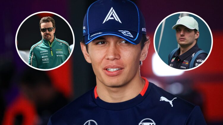 Alex Albon taking to media after an F1 session with Fernando Alonso and Max Verstappen in the overlays.