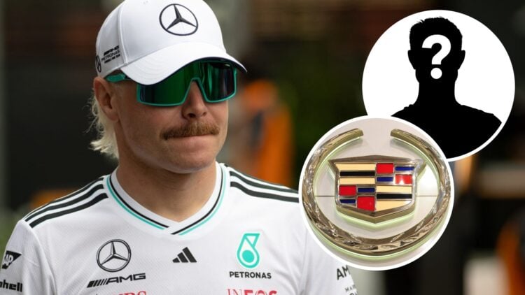 Mercedes reserve driver Valtteri Bottas in the 2025 F1 Australian Grand Prix paddock with insets of a mystery person and the Cadillac badge