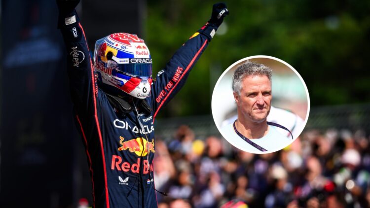 Red Bull Racing driver Max Verstappen celebrating at the 2025 Formula 1 Emilia Romagna Grand Prix, inset, Ralf Schumacher