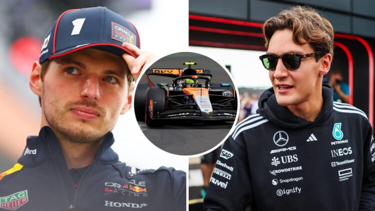Split image of Max Verstappen (L) and George Russell (R) at the 2025 British Grand Prix, inset Lando Norris