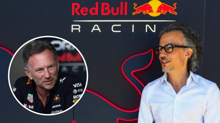 Red Bull Racing CEO and team principal Laurent Mekies during a filming day at Silverstone with an inset of Christian Horner
