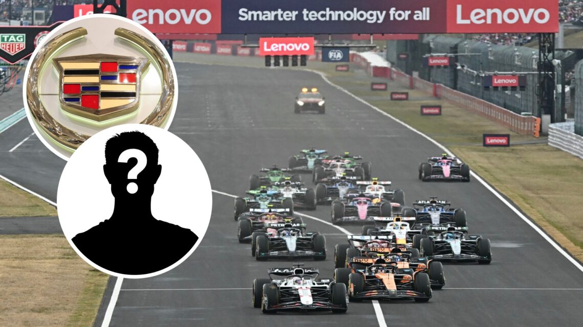 The start of the 2025 Formula 1 Japanese Grand Prix, inset, Cadillac logo