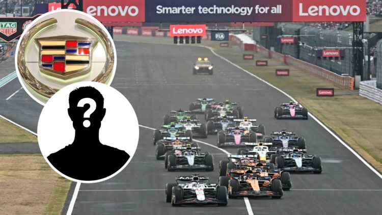 The start of the 2025 Formula 1 Japanese Grand Prix, inset, Cadillac logo