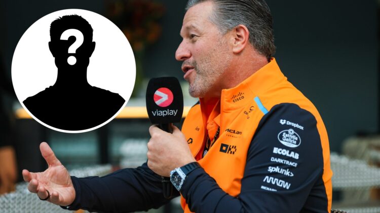 McLaren CEO Zak Brown speaks to the media at the 2024 Qatar Grand Prix, inset Mystery