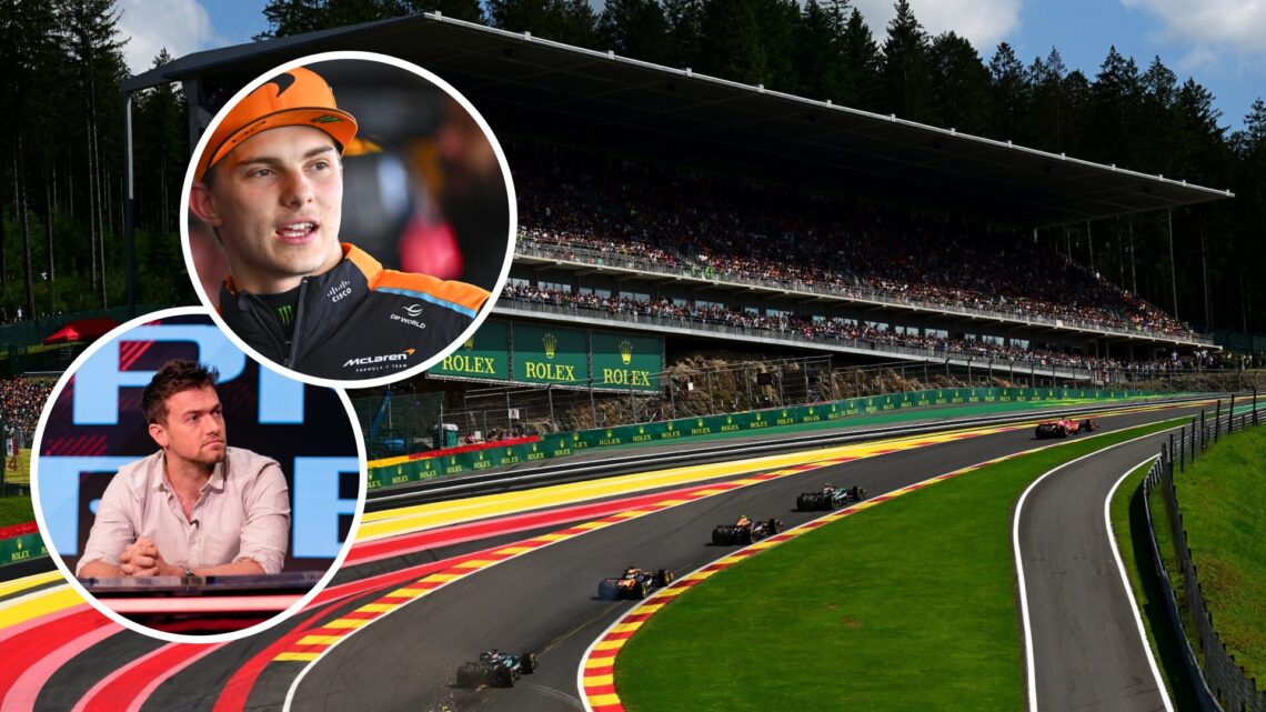 The start of the 2024 Belgian Grand Prix, inset, Jolyon Palmer and Oscar Piastri