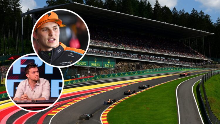 The start of the 2024 Belgian Grand Prix, inset, Jolyon Palmer and Oscar Piastri