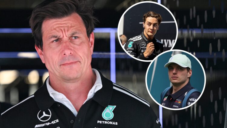 Mercedes team principal Toto Wolff at the 2025 Formula 1 Canadian Grand Prix, inset, Red Bull driver Max Verstappen, Mercedes driver George Russell