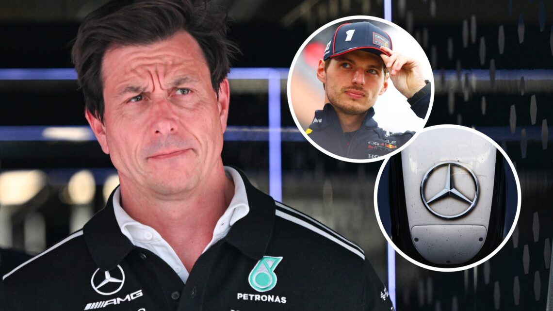 Toto Wolff in the Mercedes garage at the 2025 Canadian Grand Prix, insets Max Verstappen and Mercedes logo
