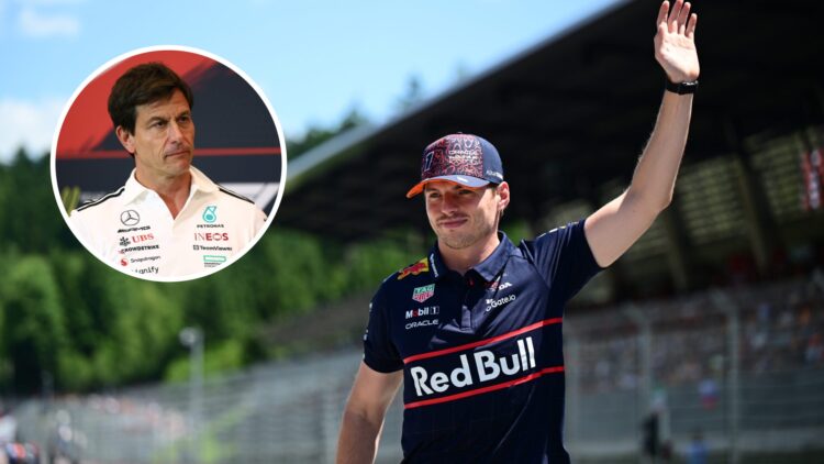Red Bull Racing driver Max Verstappen waves to the crowd at the 2025 F1 Austrian Grand Prix with an inset of Mercedes team principal Toto Wolff in ...